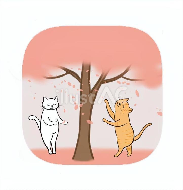 猫と桜 猫,手書き,桜のイラスト素材
