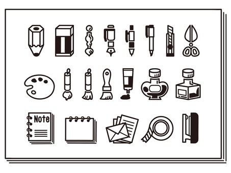 文房具の線画のアイコンセット 文房具,アイコン,美術,絵画,筆記,セット,ペン,万年筆,鉛筆,消しゴムのイラスト素材