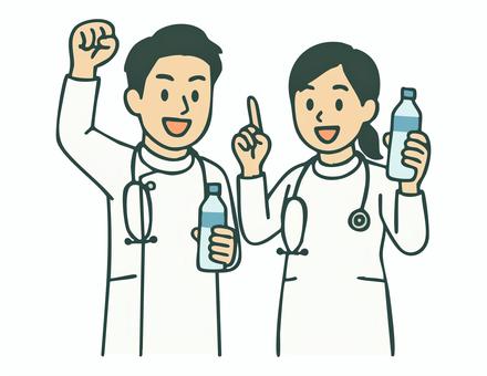 水分補給を呼びかける男女の看護師イラスト 人物,看護師,医者,看護職,看護婦,水分補給,ベクター,対策,男性,夏のイラスト素材