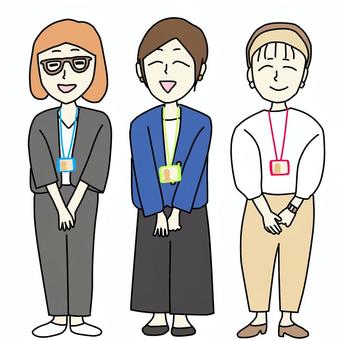 社員証をつけた女性社員 社員証をつけた女性社員 社員証,ストラップ,オフィスカジュアル,女性,女の人,3人,笑顔,かわいい,イラスト,手描きのイラスト素材