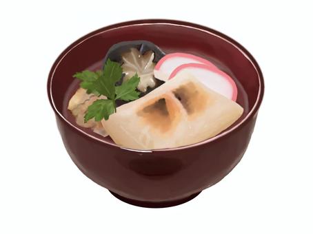 お雑煮263(2) お雑煮,餅,正月,食べ物,醤油,かまぼこ,椎茸,鶏肉,お椀,イラストのイラスト素材