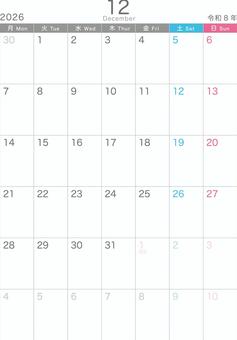 シンプル_2026_12_縦_月始 シンプル_2026_12_縦_月始 カレンダー,2026,12月,december,令和8年,月曜始め,おしゃれ,かわいい,冬,記念日なしのイラスト素材