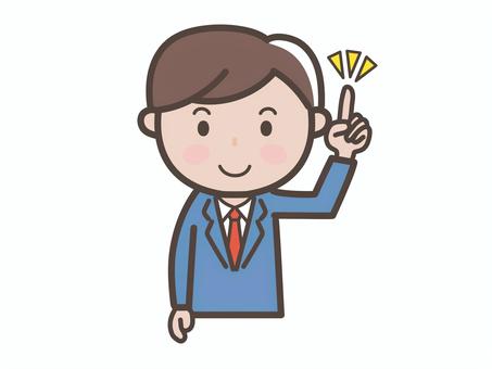 ポイントを説明する男性会社員のイラスト 男性,スーツ,指差し,ポイント,説明,ビジネスマン,アイデア,確認,ひらめき,チェックのイラスト素材