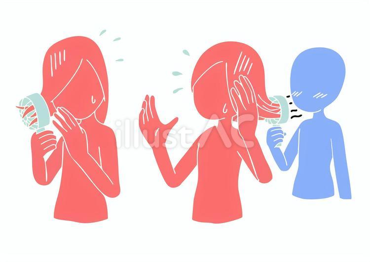 ハンディファンに髪が絡まった人2種　版画 ハンディファン,髪,絡まるのイラスト素材