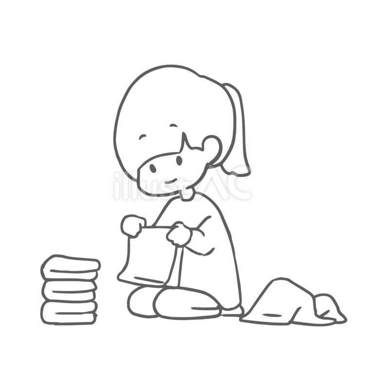 洗濯を畳む女の子＿線画 女の子,洗濯,タオルのイラスト素材
