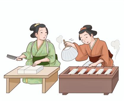 江戸時代　焼き豆腐作り 豆腐,江戸時代,切る,包丁,焼く,うちわ,着物,炭,２人のイラスト素材