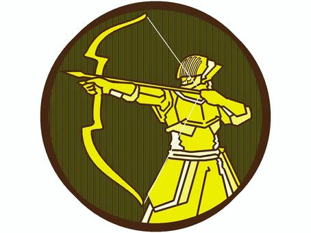 弓兵のアイコン『黄』 弓兵,兵士,戦士,武器,装備,モチーフ,カラー,弓,矢,構えるのイラスト素材