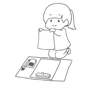 習字をする女の子（線画） 女の子,人物,かわいい,ワンポイント,習字,習い事,線画,書き初めのイラスト素材