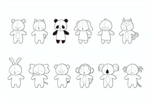 ぬいぐるみ動物ちびぬいモノクロ ちびぬい,モノクロ,動物,くま,ねこ,パンダ,いぬ,アヒル,リス,うさぎのイラスト素材