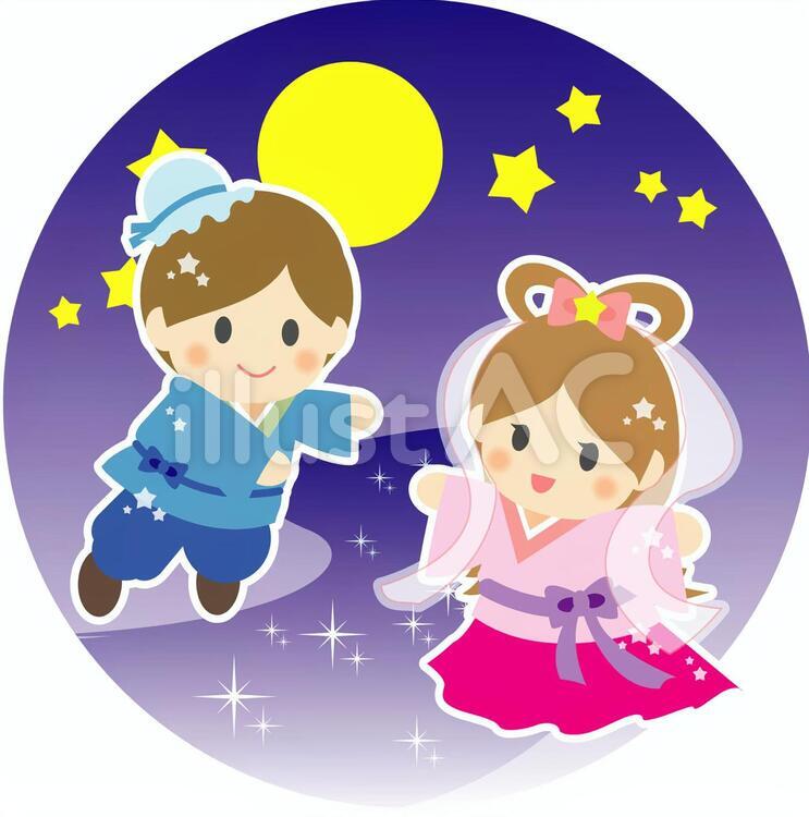 夜空の織姫と彦星 七夕,織姫,彦星のイラスト素材