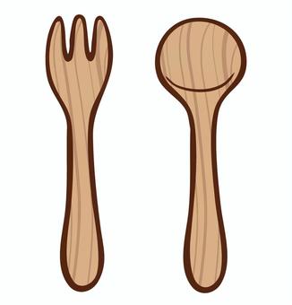 手書きのスプーン&フォーク(木製) スプーン,フォーク,手描き,手書き,カトラリー,木,木製,食器,テーブルウェア,雑貨のイラスト素材