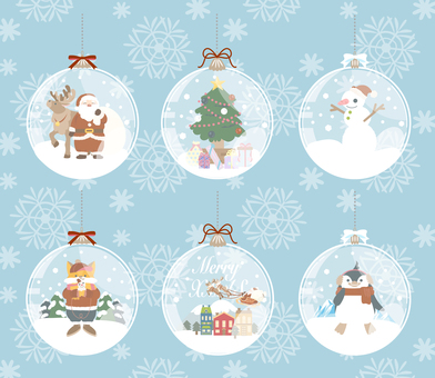 オーナメントと雪の背景 前面ガラスver オーナメント,クリスマス,飾り,吊り下げ,セット,動物,サンタ,トナカイ,雪だるま,ツリーのイラスト素材