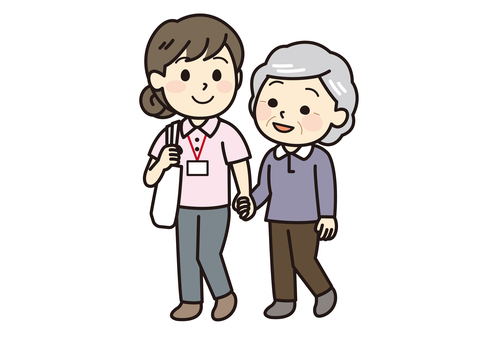 お年寄りの買い物に付き添う女性スタッフ 介護,買い物,女性,付き添い,生活援助,移動援助,おばあちゃん,シニア,高齢者,訪問介護のイラスト素材