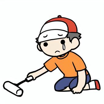 コロコロをかける泣く少年 小学生,コロコロ,掃除,泣く,悲しい,不安,涙,怖い,恐怖,かけるのイラスト素材