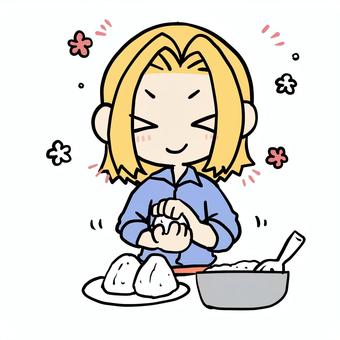 おにぎりを握る笑顔の金髪女性 金髪,おにぎり,笑顔,握る,うれしい,楽しみ,にこにこ,期待,気持ち,込めるのイラスト素材