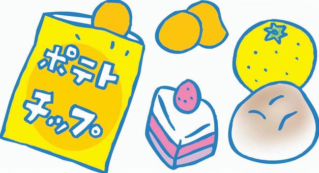 おやつ おやつ,間食,食べ物,ポテトチップス,ショートケーキ,パン,みかん,カット,挿絵のイラスト素材