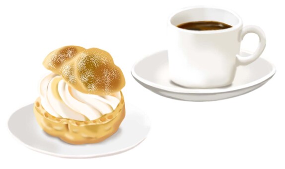 シュークリームと白いカップのコーヒー シュークリーム,洋生菓子,おやつ,甘い,食べ物,美味しい,スイーツ,コーヒー,喫茶,カフェのイラスト素材