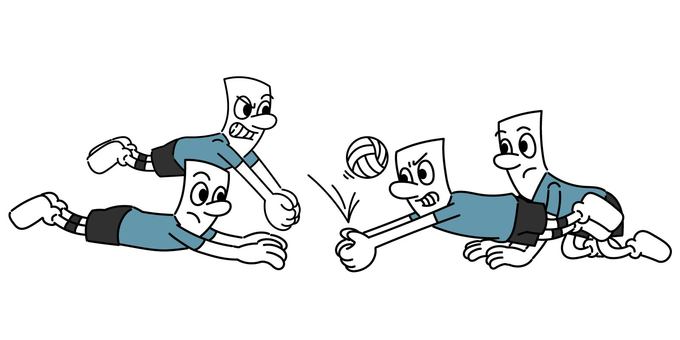 レシーブに飛び込む棒人間たち 棒人間,複数人,バレーボール,ユニフォーム,レシーブ,飛び込み,守備,ディフェンス,バレー,スポーツのイラスト素材