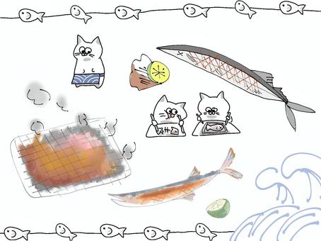 ネコとサンマ ネコとサンマ ネコ,サンマ,焼き魚,秋,魚のイラスト素材