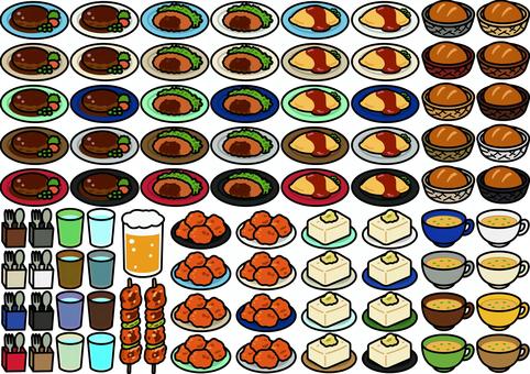 食べ物・飲み物です。 コーンスープ,シンプル,冷奴,パン,冷水,箸立て,フォーク,スプーン,オムレツ,オムライスのイラスト素材