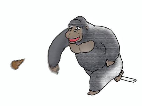 投げましたぁ～、第1球ぅ～？ 動物,ゴリラ,擬人化,ピッチャー,投球,うんこ,全身,手書き,野球のイラスト素材