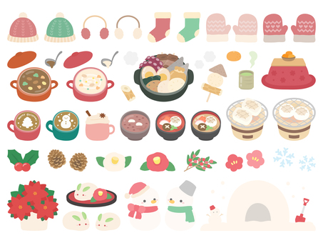 冬のかわいいアイテムのイラストセット 冬,こたつ,みかん,手袋,マフラー,雪ダルマ,おでん,雑煮,お餅,ぜんざいのイラスト素材
