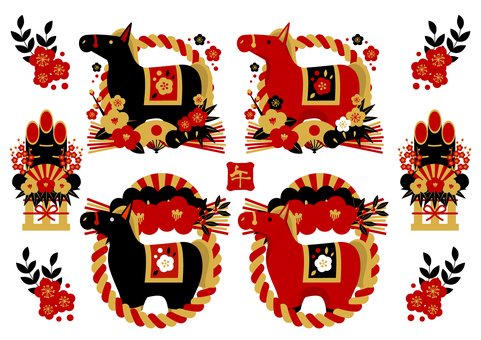zodiac261112 馬,午年,しめ飾り,梅,扇子,椿,松,年賀状,花,和風のイラスト素材
