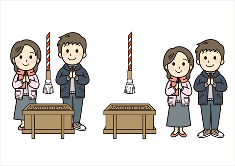 初詣をする若い男女 初詣,お参り,男女,お正月,大学生,元旦,カップル,人物,正月,神社のイラスト素材