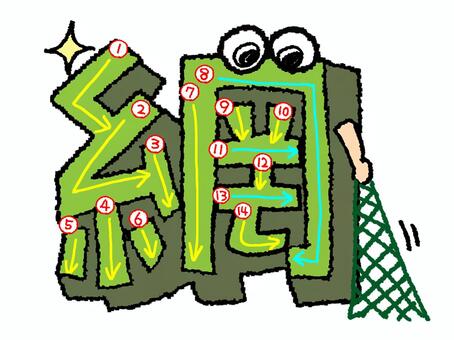 網　漢字　書き順あり 網,フォント,漢字,立体,文字絵,目,書き順,矢印,14画,可愛いのイラスト素材