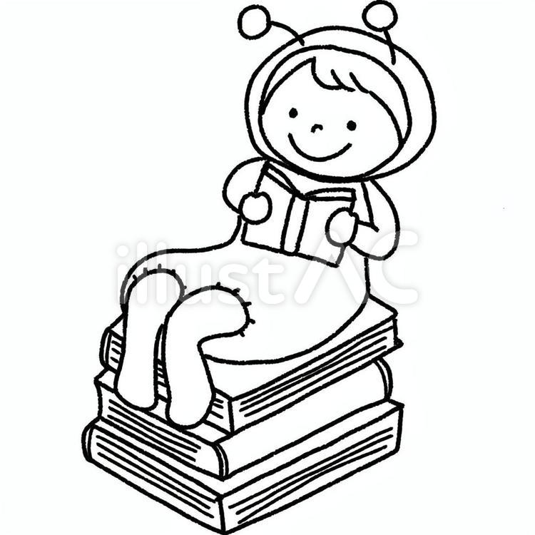 「本の虫」のイラスト（白黒） こども,子供,かわいいのイラスト素材
