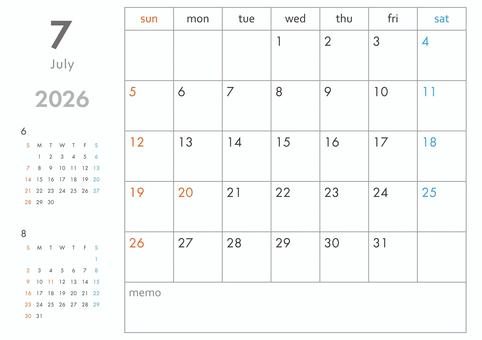 2026年7月カレンダー-横 カレンダー,2026年,2026,1か月,3か月,令和8年,暦,日曜始まり,祝祭日,祝日のイラスト素材