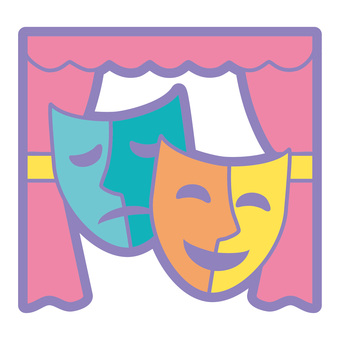 パステルカラーかわいいイラスト演劇 演劇,仮面,カーテン,笑顔,悲しい,顔,シンプル,アイコン,演劇部,フラットデザイン風のイラスト素材