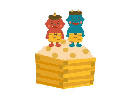 節分豆と可愛い鬼のカットイラスト 節分,節分豆,鬼,赤鬼,青鬼,節分の日,イラスト,シンプル,かわいい,手書きのイラスト素材