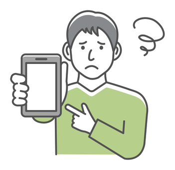スマホの画面と若い男性イラスト 人物,男性,日本人,スマホ,悩む,困る,アジア人,上半身,若い,困惑のイラスト素材
