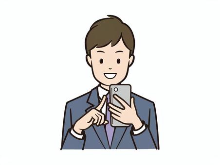スマホを操作する笑顔のビジネスマン スマホ,スマートフォン,ビジネス,ビジネスマン,サラリーマン,携帯電話,モバイル,アプリ,sns,男性のイラスト素材