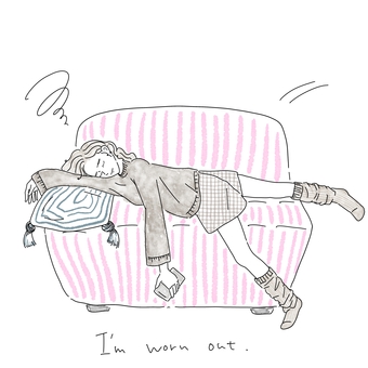 おしゃれな水彩イラスト｜疲れた人 水彩イラスト,人物イラスト,ソファー,おしゃれ素材,リラックス,帰宅,くたくた,おつかれさま,生活イラスト,疲れたのイラスト素材