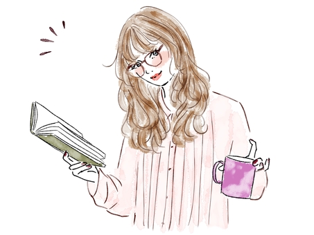 本とカップを持つ首をかしげる眼鏡の女性 女性,本,カップ,めがね,コーヒー,シャツ,眼鏡,かしげる,ファッション,読書のイラスト素材