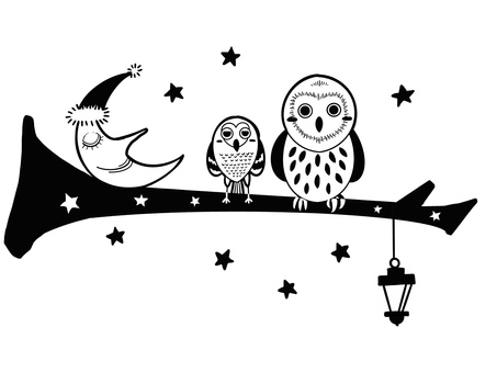 ふくろうと三日月 ふくろう,三日月,ランタン,線画,シンプルのイラスト素材