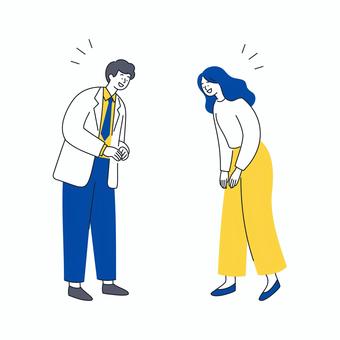 お辞儀をするビジネス男女のイラスト 人物,ビジネス,男性,女性,挨拶,お辞儀,礼儀,感謝,敬意,コミュニケーションのイラスト素材