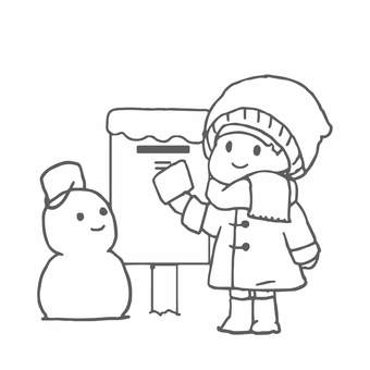 ポストに投函する女の子（線画） 女の子,人物,かわいい,ワンポイント,ポスト,投函,年賀状,ハガキ,手紙,線画のイラスト素材