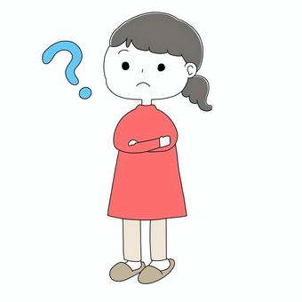 疑問をもつ女性 女性,女の子,一つ結び,赤,疑問,なぜ,分からない,イラスト,ゆるい,可愛いのイラスト素材