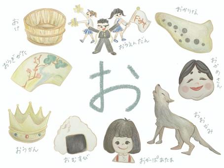「お」から始まる９つ お,おかめさん,オカリナ,桶,オオカミ,応援団,扇形,王冠,おむすび,おかっぱ頭のイラスト素材