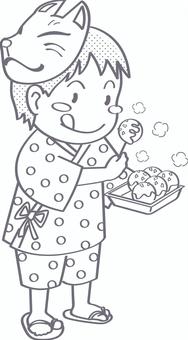 屋台のたこ焼きを食べる男の子(線画) 屋台,夜店,たこ焼き,こども,男の子,作務衣,お面,きつね,たのしい,おいしいのイラスト素材
