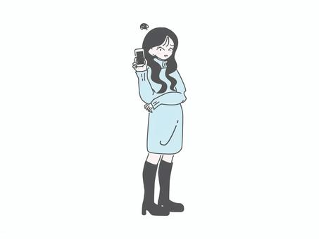 スマホを見せる女性 全身 冬（困り） 女性,スマホ,冬服,全身,立ち姿,sns,メッセージ,説明,レビュー,シンプルのイラスト素材