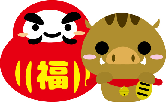 Wild Boar with Daruma and Ogre, dharma, boar, zodiac, JPG and EPS