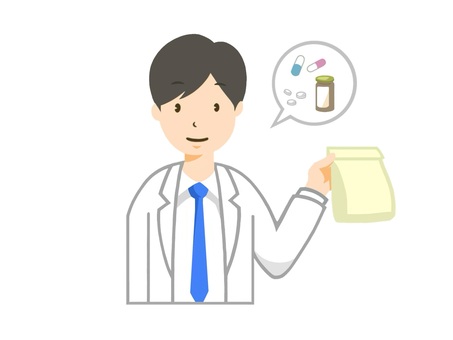 薬の調合や説明をする薬剤師(男性) 薬剤師,薬,白衣,手描き,ドラックストア,笑顔,病院,内科,薬局,カプセルのイラスト素材