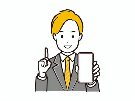 スマホ見せてポイントを示すブレザー男子 スマホ,スマートフォン,携帯電話,ポイント,指差し,人差し指,説明,案内,提案,使い方のイラスト素材