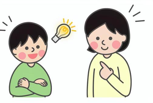 閃く男の子と向き合う女性 男の子,考える,閃く,思いつく,納得,アイディア,気づき,理解,発見,すっきりのイラスト素材