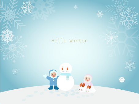 Hello Winter 雪,雪国,結晶,男の子,女の子,雪だるま,雪うさぎ,かわいい,フレーム,背景のイラスト素材