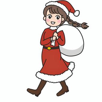 サンタのコスプレでゴミ出しに行く女の子 サンタ,サンタクロース,コスプレ,クリスマス,袋,ワンピース,ブーツ,三つ編み,おさげ,女の子のイラスト素材